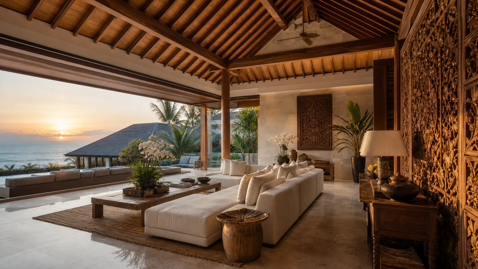 Villa Surya interior — open marble platforms with ocean view